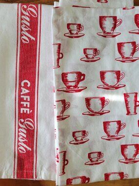 Sur La Table Cotton Kitchen Towels Red White Tea Cups Caffe Set Of 2